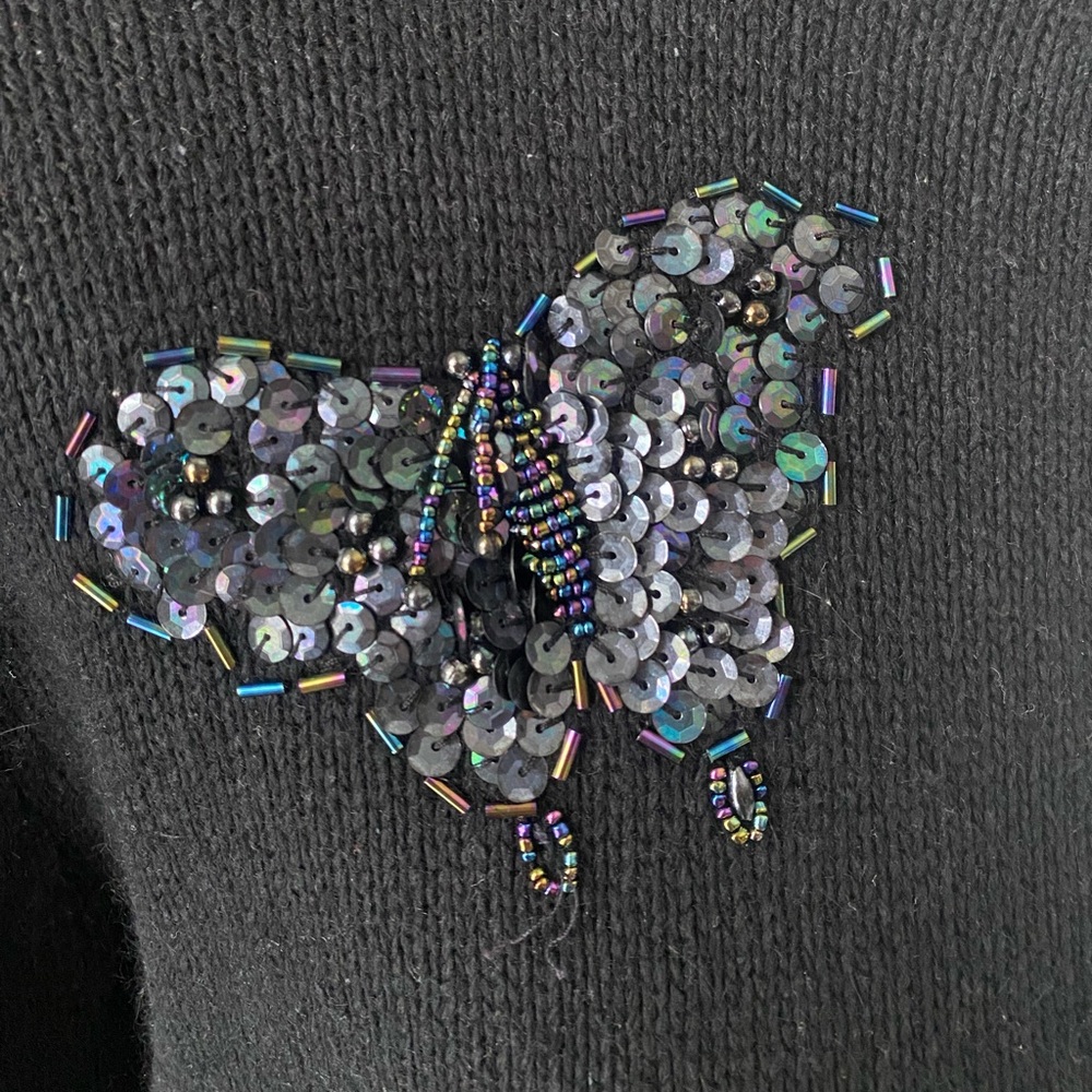 Vtg Black Mockneck Beaded Sequin Butterfly Appliqué Sweater Cottage Coquette L - Picture 7 of 9